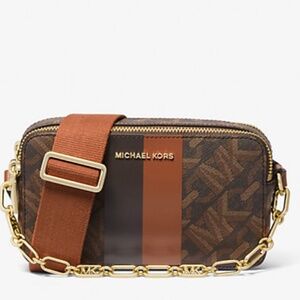 New Michael Kors Small Empire Signature Logo Stripe Double-Zip Brown Camera Bag